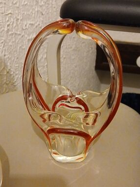 Murano RED/ ORANGE/ CLEAR MURANO GLASS BASKET VASE 7" TALL Excellent Condition